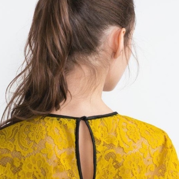 Yellow Lace & Black Faux that Leather Trim Scallop Hem Top - Picture 9 of 9